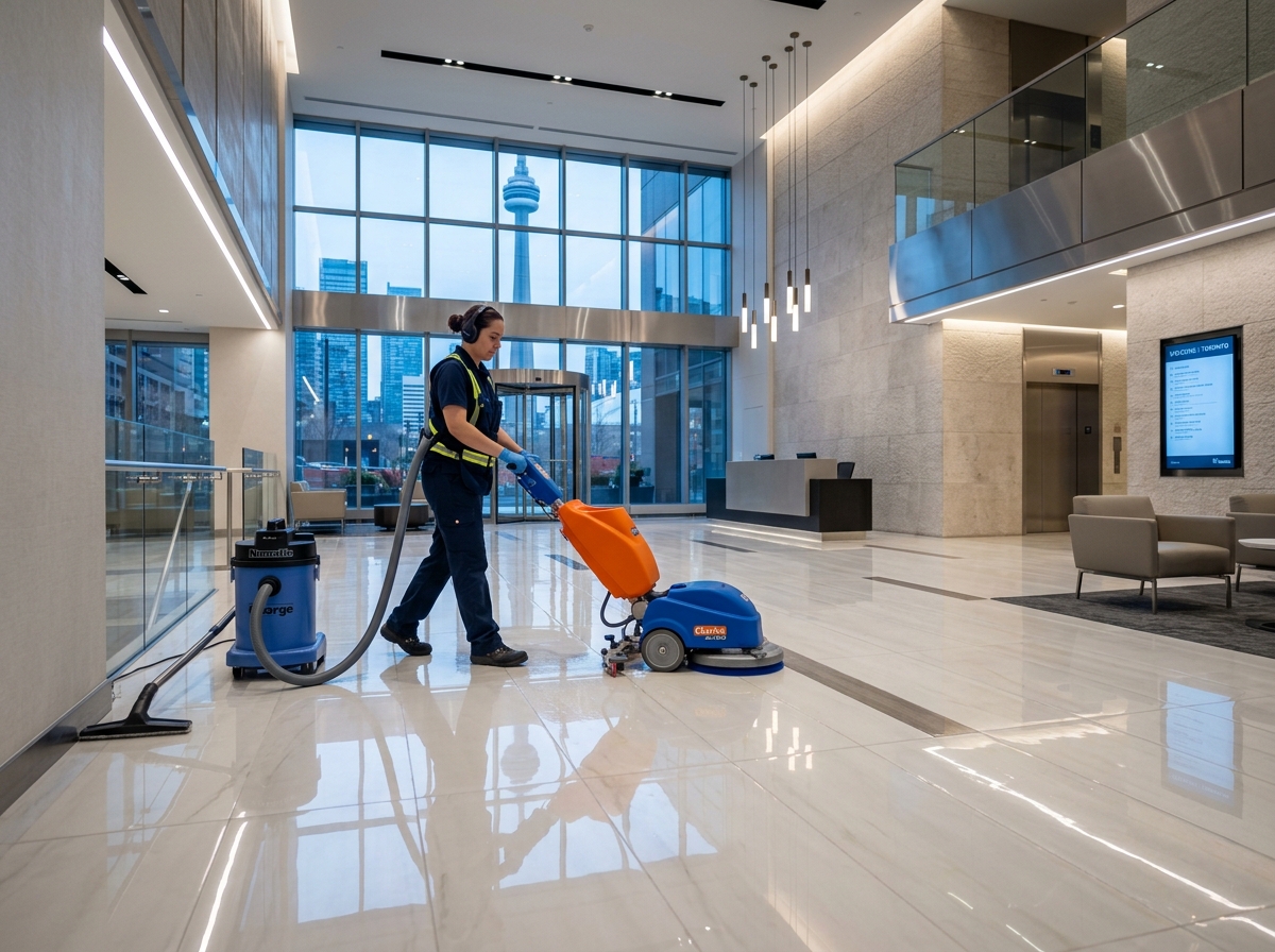 Commercial facility and lobby post-construction scrubbing with HEPA equipment in Toronto