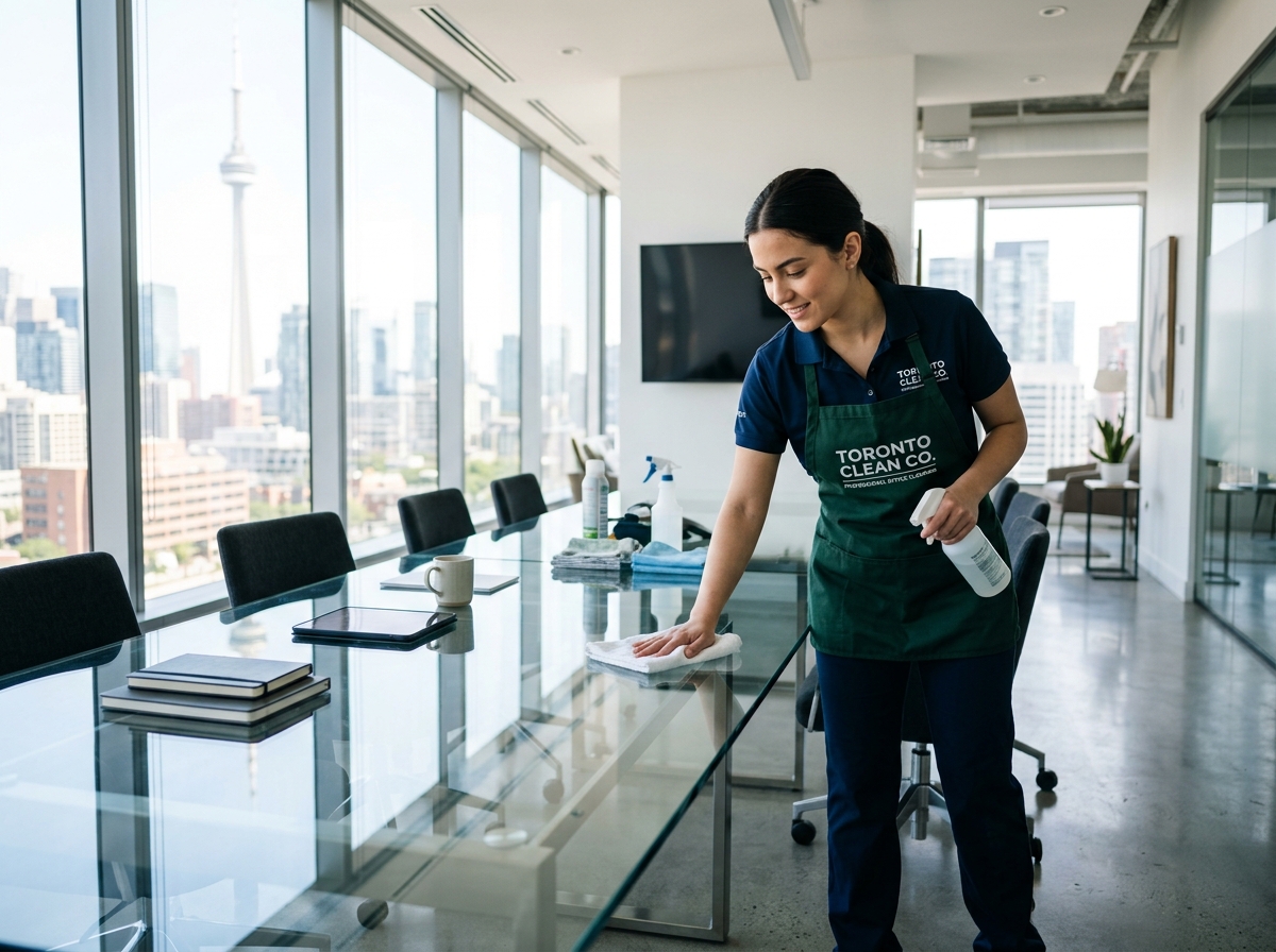 Professional commercial office cleaning in downtown Toronto boardroom with CN Tower view