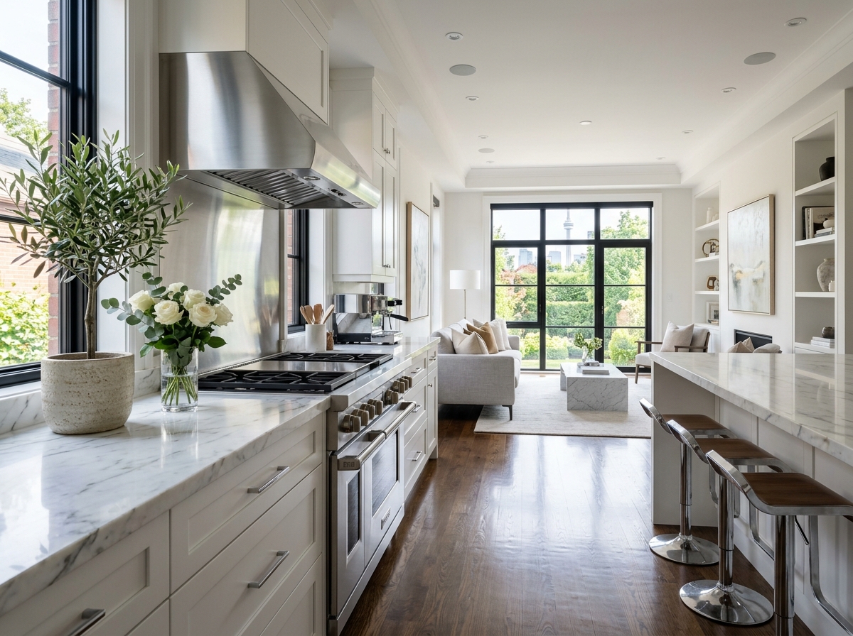 Luxury residential kitchen and open concept living room deep cleaned in Toronto